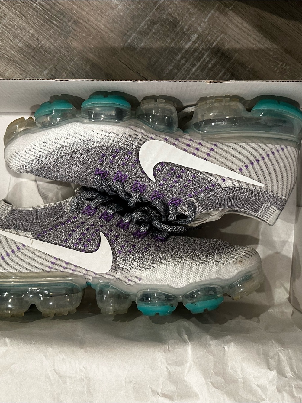 Nike Women’s VaporMax Flyknit Sneakers - White, Gray & Teal Accents